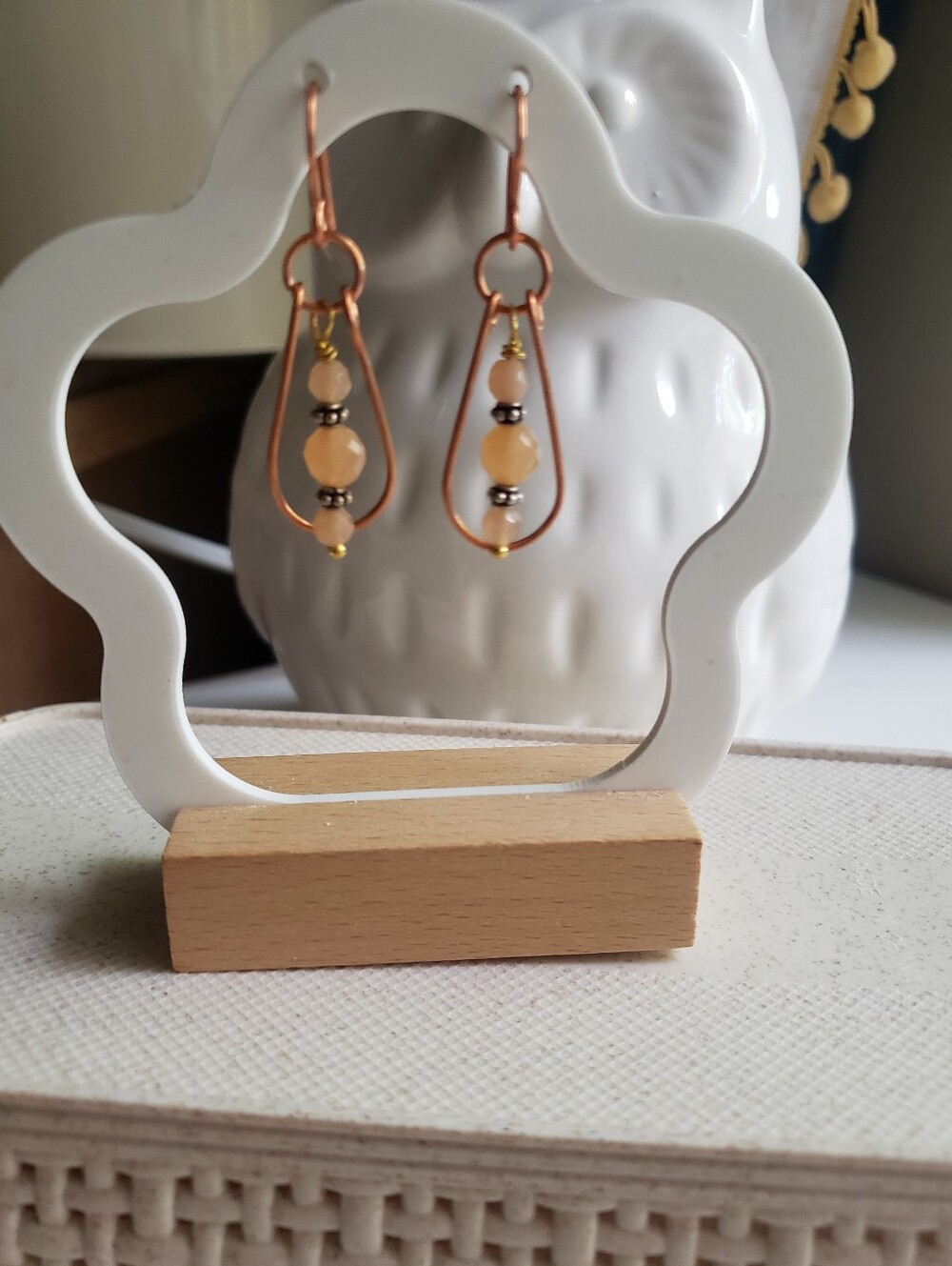 New Handmade Copper Wire Wrapped Peach Bead Teardrop Earrings